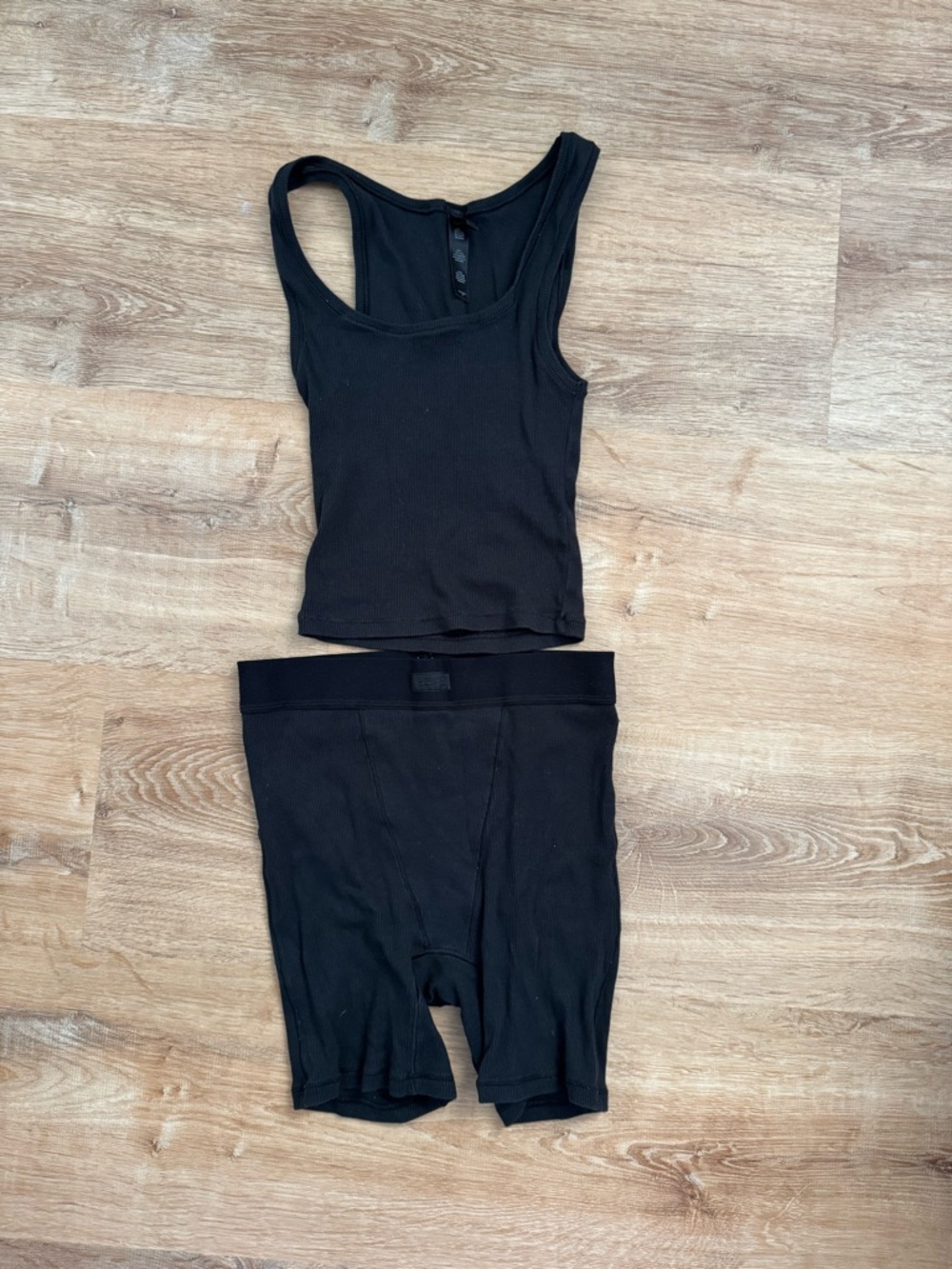 SKIMS Black Ribbed Scoop Tank & Bike Short Set